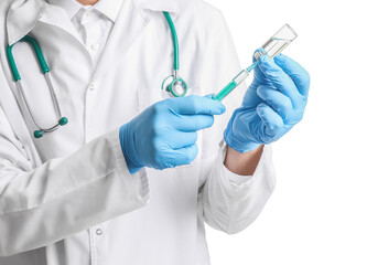 Male doctor with syringe and ampule on white background, closeup