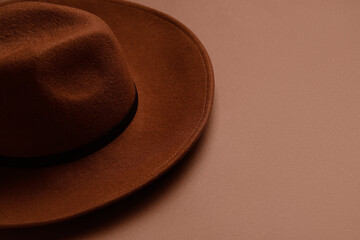 Stylish felt hat on brown background