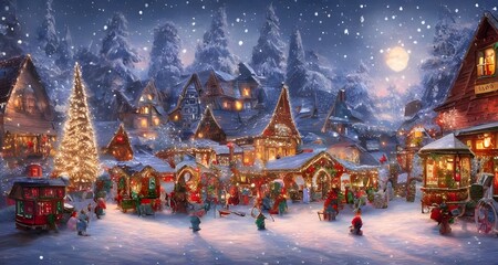 In the winter christmas village, there is a Christmast tree in the middle of the town square. All around it are houses with their doors and windows lit up with Christmas lights. There is also a church