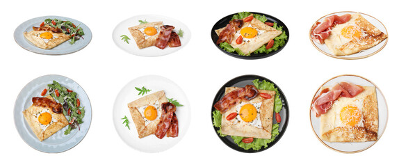 Set with delicious crepes with eggs on white background. Breton galette. Banner design