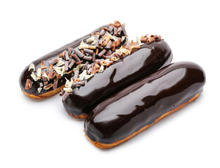 Delicious eclairs in chocolate glaze isolated on white background