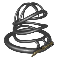 3D rending of a metal cock cage and a key with a pure white background for BDSM play