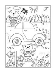 Bear mechanics at car race dot-to-dot picture puzzle and coloring page

