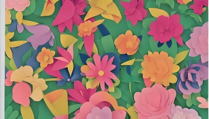 There are brightly colored paper flowers design on a white background. Each flower has been carefully cut out and layered to create a 3D effect. The vibrant colors of the flowers stand out against the