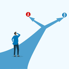 The entrepreneur decides between two alternatives. Choice decision making as two separate path choices to choose from. Business choice and dilemma concept. Vector illustration. business or life - obrazy, fototapety, plakaty