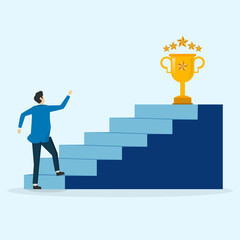 Fototapeta premium motivation concept, Hope for success in business, achievement or achievement of business goals, confident smart businessman climbing the ladder to the top for the prize of a valuable trophy.