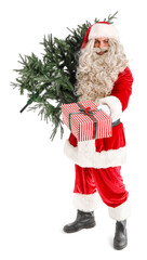 Santa Claus with Christmas tree and gift on white background