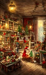Fototapeta premium The Christmas toy factory is a bustling place. There are elves running around, putting the finishing touches on toys. The conveyor belt is moving rapidly, and there are piles of presents waiting to be