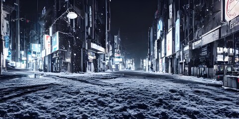 The city street is quiet and empty, the only sound coming from the snow crunching underfoot. The evening air is crisp and cold, making my breath visible in front of me. The buildings are all lit up ag