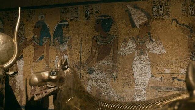 Colorful ancient Egyptian frescoes on the walls of tombs and pyramids depict the Ancient Egyptians, queens, kings, pharaohs, various deities and all this is signed with hieroglyphs and ancient symbols