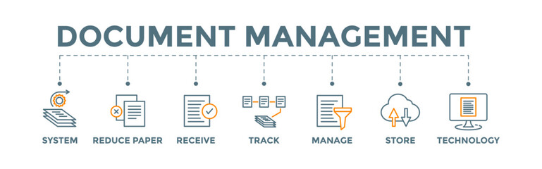 Document management icon banner web illustration with system, reduce paper, receive, track, manage, store, cloud and technology icon - obrazy, fototapety, plakaty