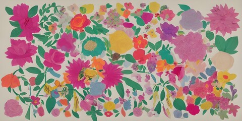 There are two pieces of construction paper taped together with colorful flowers all over. Each flower is different and has its own unique design. The background is green and there are leaves throughou