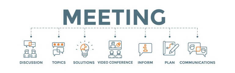 Meeting icon banner web illustration with communications, topics, solutions, plan, inform and video conference icon for business meeting and discussion 