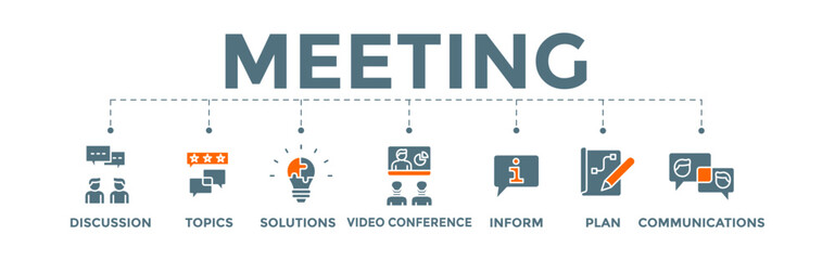 Meeting icon banner web illustration with communications, topics, solutions, plan, inform and video conference icon for business meeting and discussion 