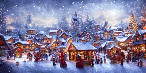 The winter christmas village is a beautiful scene. The houses are covered in snow, and the streets are lined with Christmas trees. The air is cold and crisp, and the sun is shining.