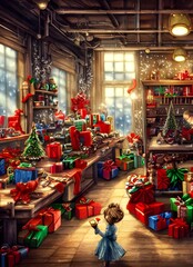 The Christmas toy factory is a busy place. elves are running around, putting the finishing touches on toys. The large room is filled with the sounds of hammering and sawing. In the center of the room 