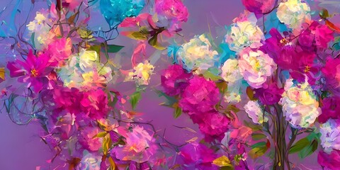 The scene is of a blooming flowers illustration. The colors are various shades of pink, purple, and blue. The background appears to be white or Cream with no distinct pattern. In the foreground there 