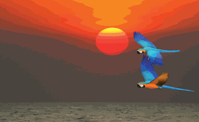 Beautiful silhouette of Macaw parrot flying at sunset. A happy and freely flying bird. Vector Illustration