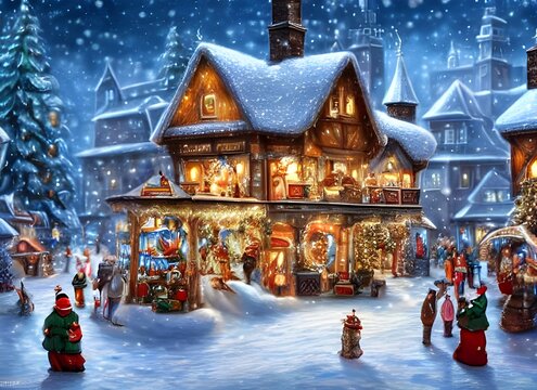 The winter christmas village is a festive scene of brightly lit houses and twinkling lights. The snow is freshly fallen, and the air is crisp and cold. The villagers are out enjoying the holiday seaso