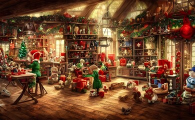 Fototapeta na wymiar The Christmas toy factory is a flurry of activity. Elves are busy at work, crafting the season's toys. The workshop is filled with the sound of hammering and sawing. Bright balls and shiny trains line
