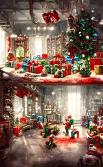 It's a hustle and bustle in the Christmas toy factory with elves busy at work! Santa watches from his throne as happy children play with their new toys on Christmas morning.