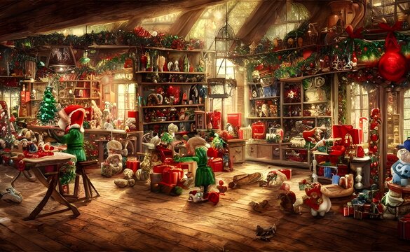 The Christmas toy factory is a flurry of activity. Elves are busy at work, crafting the season's toys. The workshop is filled with the sound of hammering and sawing. Bright balls and shiny trains line