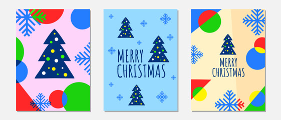 Fototapeta na wymiar Set of backgrounds and posters, Merry Christmas greeting cards, holiday wishes. Designer covers and templates, Christmas trees and snowflakes in modern minimalism. Vector illustration