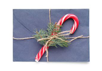 Letter to Santa with Christmas branches and candy cane on white background