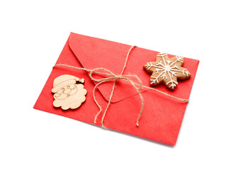 Letter to Santa with Christmas decor and cookie on white background