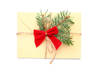Letter to Santa with Christmas branches and bow on white background