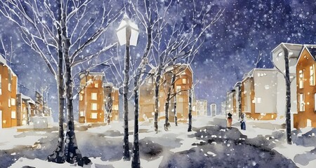 I am looking at a watercolor painting of several apartment buildings in the wintertime. It is nighttime, and the soft glow of lamps shining from inside the apartments creates a warm and inviting scene