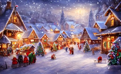 The snow is gently falling and accumulating on the ground, houses, and trees. The windows of the houses are illuminated with a warm yellow light. Smoke curls up from chimneys into the night sky.