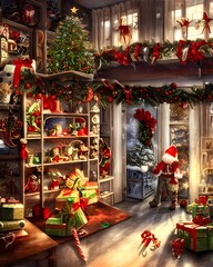 The Christmas toy factory is a magical place where all the toys for Christmas are made. The walls are lined with shelves and tables full of colorful items in various stages of production. Everywhere y