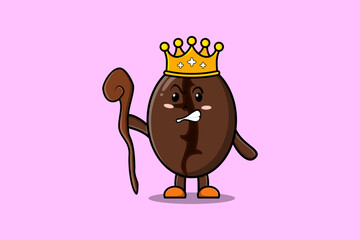 Cute cartoon Coffee beans mascot as wise king with golden crown and wooden stick illustration