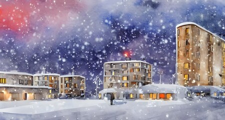 The watercolor apartment buildings are standing in the winter nighttime. The snow is falling lightly and the air is crisp. The stars are shining bright overhead.