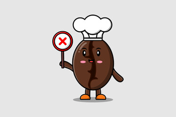cute cartoon Coffee beans chef holding wrong sign board in vector character illustration