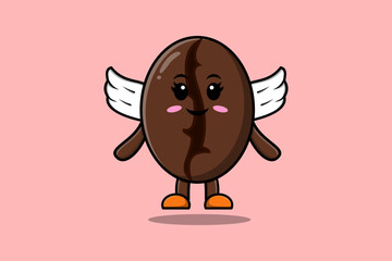 Cute cartoon Coffee beans character wearing wings in modern style design illustration