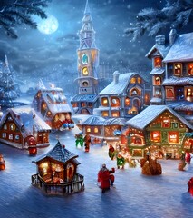 The winter christmas village is covered in a layer of sparkling snow. The houses are adorned with...