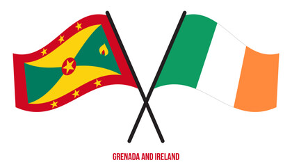 Grenada and Ireland Flags Crossed And Waving Flat Style. Official Proportion. Correct Colors.