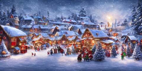 A winter christmas village is a scene of coziness and cheer. The houses are blanketed in snow, their roofs lined with icicles. In the center of the village is a tall Christmas tree, its branches decor