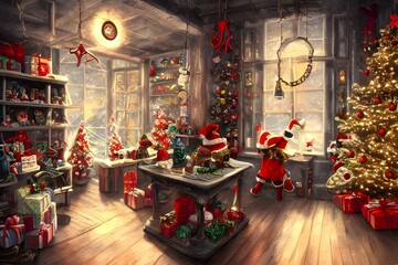 It's a cold winter night and the toy factory is bustling with activity. The elves are busy at work, wrapping presents and assembling toys. Santa Claus is in his office, going over his list one last ti