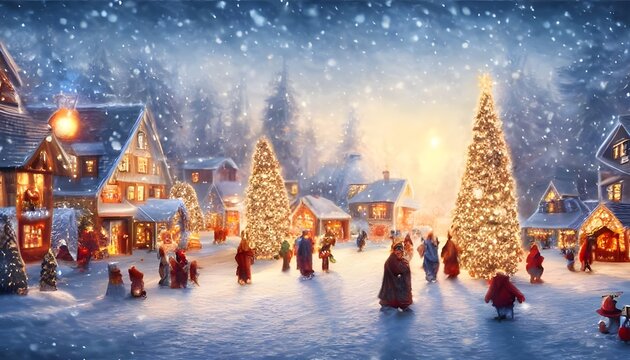 It's a cold winter day and the snow is falling gently down onto the charming Christmas village. The houses are all decorated with wreaths and lights, and people are walking around in their warm coats,
