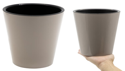 Empty flower pot made of plastic. Isolated from the background