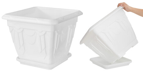 Large white flower pot made of plastic. Isolated from the background