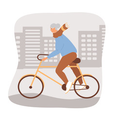 vector illustration in a flat style on the theme of active old age. elderly woman riding a bicycle