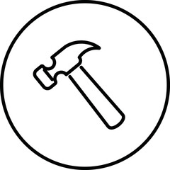 Hammer icon, building construction tool, outline in circle, black and white drawing button.