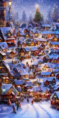 It's a winter christmas village, with houses covered in snow and Christmas lights twinkling everywhere. There's a big Christmas tree in the center of the village, and people are walking around enjoyin