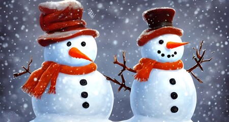 There's a cute snowman in the snow. He has two coal eyes and a carrot nose, and he's wearing a scarf and hat.