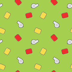 soccer or football elements yellow cards, red cards, whistle cartoon object seamless pattern on dark green background. vector illustrator