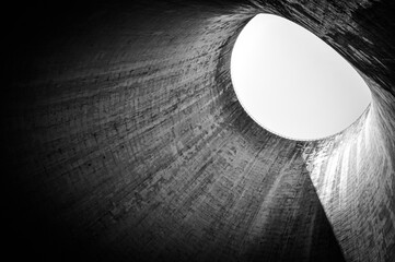 Concrete tack in thermal power plant (cooling tower) black and white, B&W global warming problem, heating issue